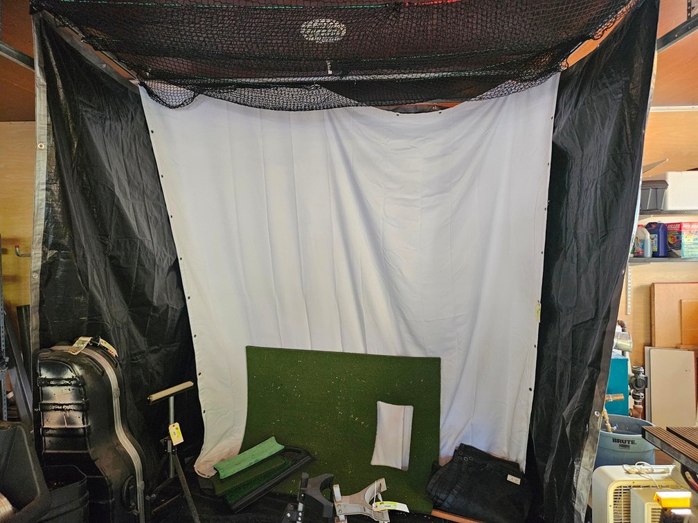Golf Simulator Set Up: Optishot Orbit, Sony Projector, Netting and Tarps