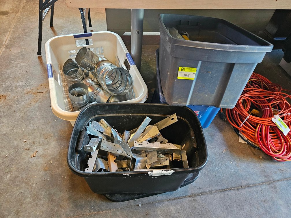 4 Bins Assorted, Brackets, Stove Pipe Fittings, More