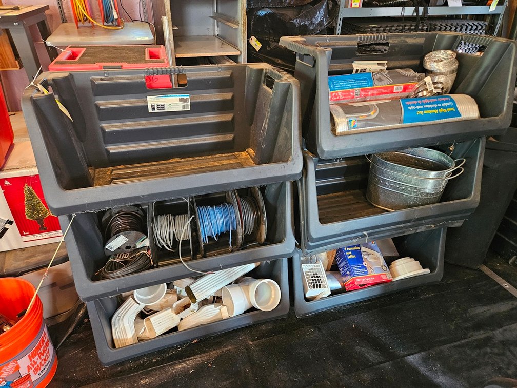 6 Poly Stacking Bins with Contents, Wire, More