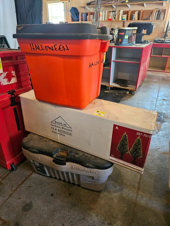 2 - 4' Christmas Trees, Bin of Christmas Lights, Bin of Halloween Decor