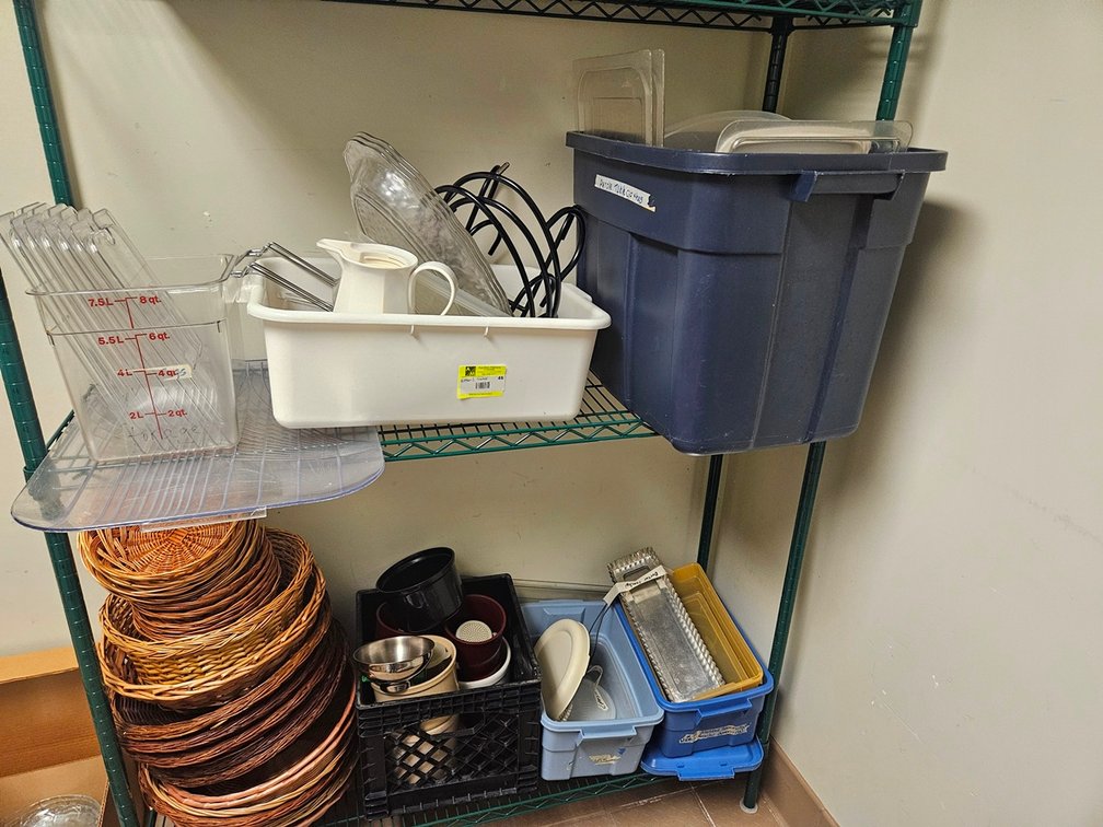 Assorted on 2 Shelves, Baskets, Plasticwares, More