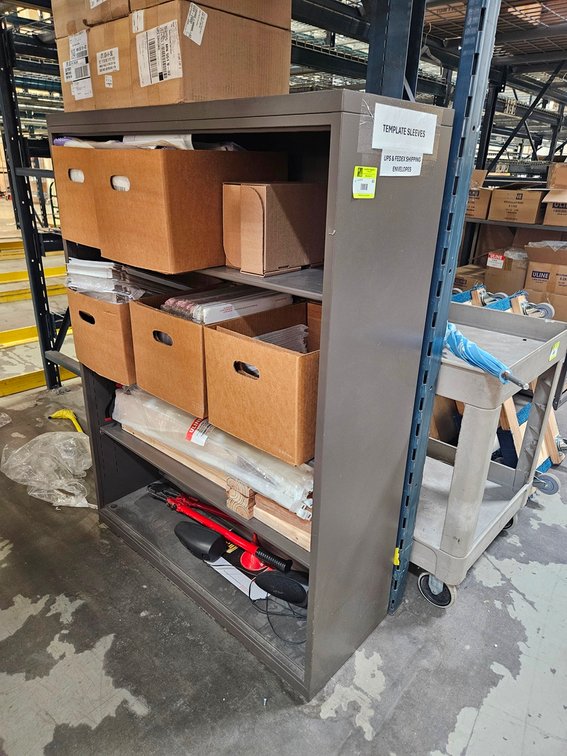 Metal 4 Tier Shelf 42"x15"x55" with Contents, Mailing Envelopes, More