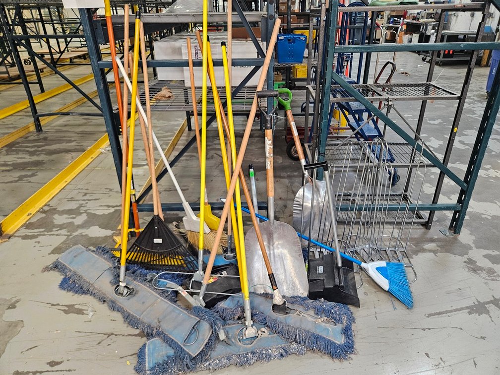 Assorted Brooms, Shovels, More