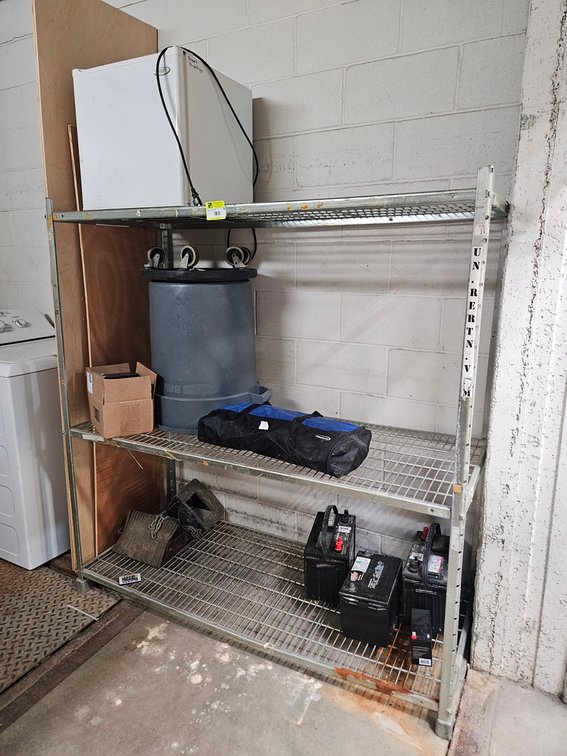 Metal 3 Tier Shelf 59"x24"x62" with Contents, Mini Fridge, Batteries, More