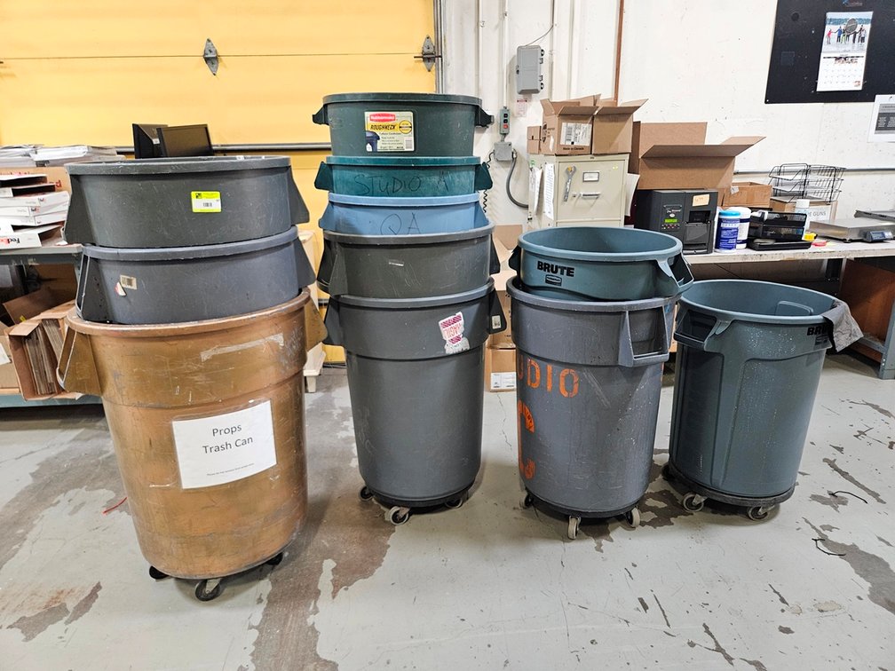 11 Assorted Poly Trash Cans, 4 on Wheels
