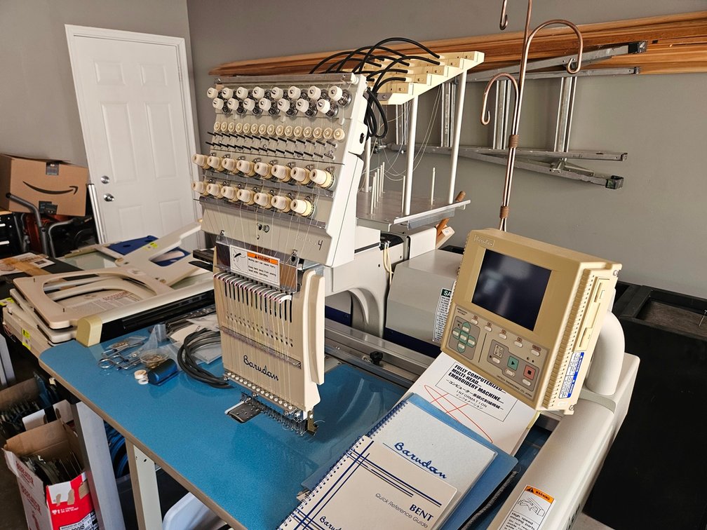Barudan High Speed Automatic Embroidery Machine on Wheels, Model BENT-ZN/ZQ-201, Serial 4100579A02, 115V with Related Equipment and Accessories