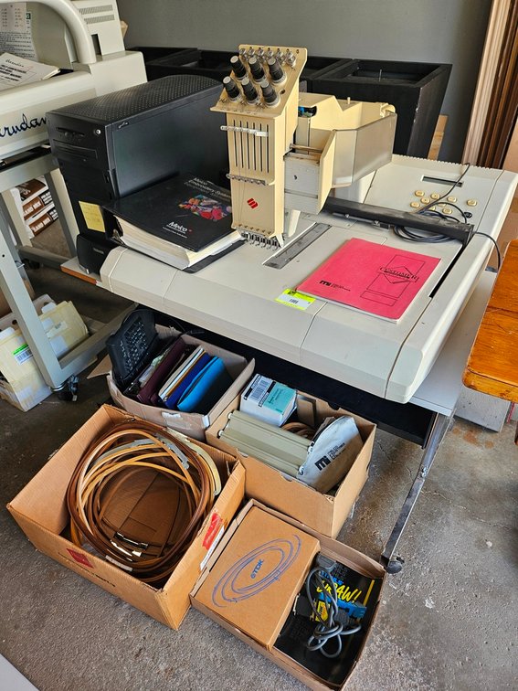 Melco Embroidery System 1, Model 00451001, CPU with Program, Table on Wheels, Related