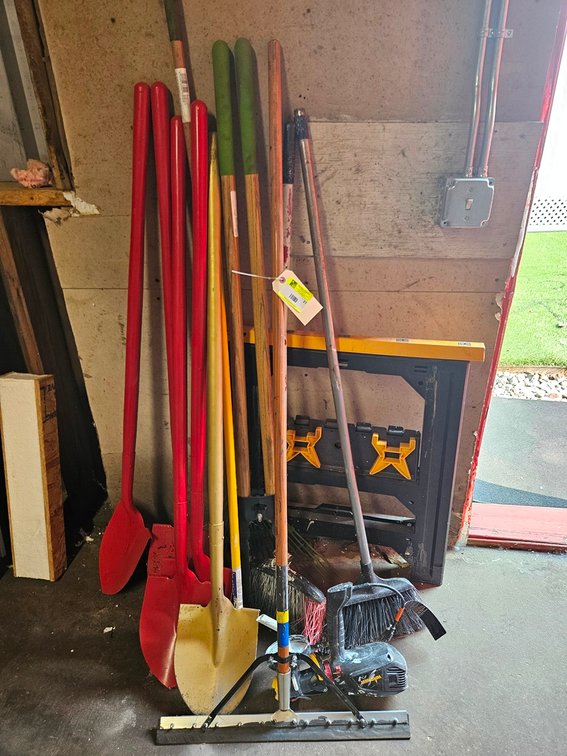 Assorted, Shovels, Brooms, Post Hole Digger, Sawhorse and More