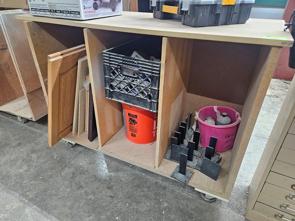 Wood Cabinet on Wheels with Contents, 55"x25"x38"