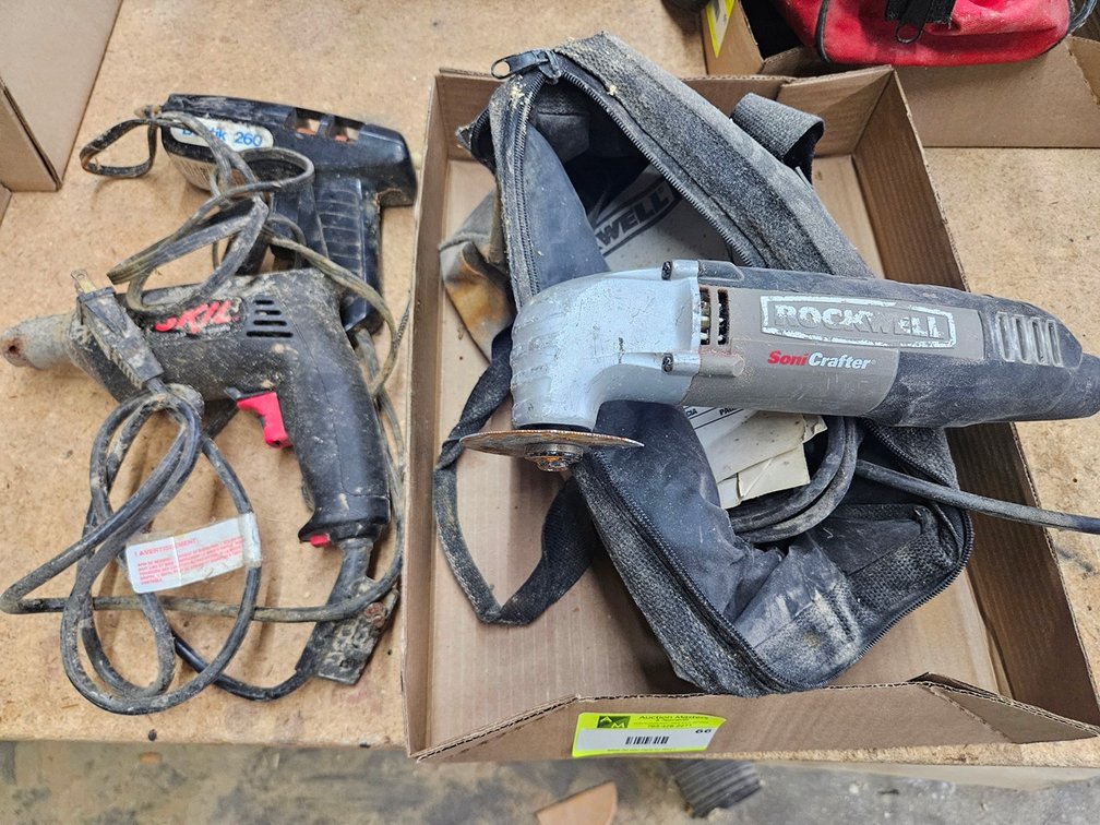 Angle Grinder, Glue Gun, Drill