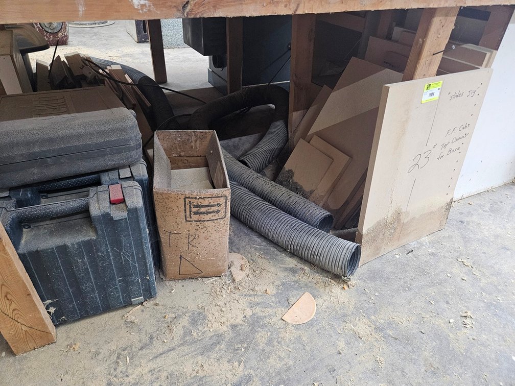 Assorted Under Bench, Wood, Empty Cases, Hoses, More
