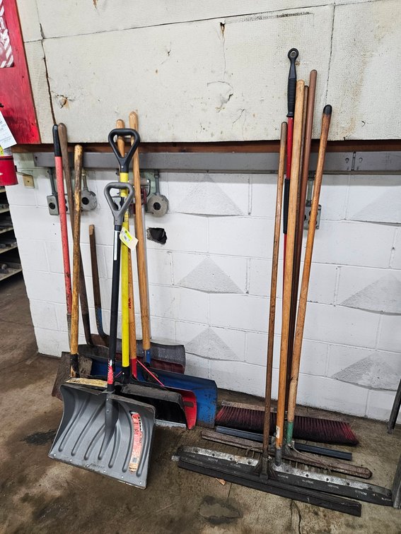 Assorted Shovels, Brooms, More