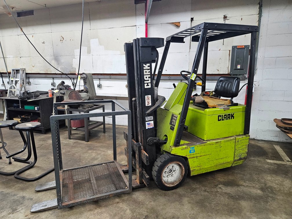 Clark 24V Forklift with Charger, Model TM10, 6,002 Hours on Meter, 1850 Lb. Capacity, Lift Cage in Photos NOT Included