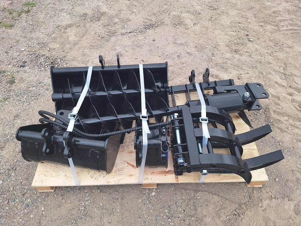 2025 CFG Mini Excavator Attachments, Model 12EX-ATA, Serial 12EX-ATA25052501G, Set of 9 Attachment's: (1) 8" Bucket, (1) 20" Bucket, (1) 32" Bucket, (1) Quick Coupler, (1) Ripper, (1) Grapple, (1) Rake, (1) 8" Auger, (1) 12" Auger, Unused