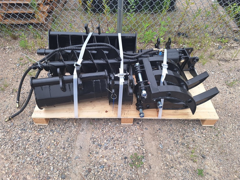 2025 CFG Mini Excavator Attachments, Model 12EX-ATA, Serial 12EX-ATA25052502G, Set of 9 Attachment's: (1) 8" Bucket, (1) 20" Bucket, (1) 32" Bucket, (1) Quick Coupler, (1) Ripper, (1) Grapple, (1) Rake, (1) 8" Auger, (1) 12" Auger, Unused