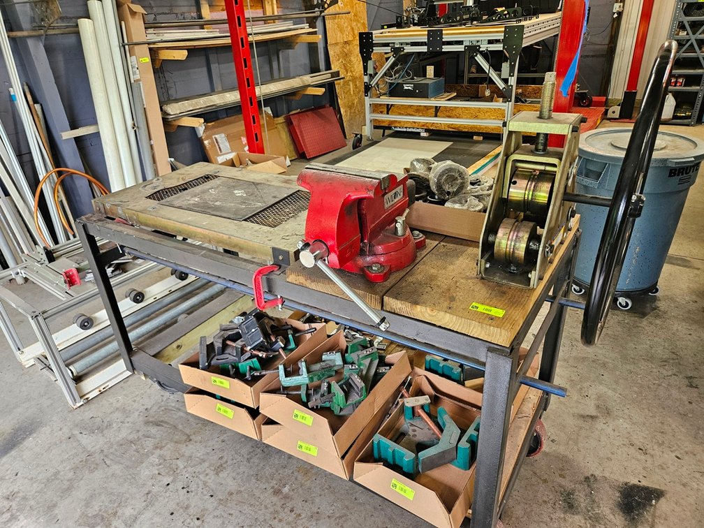 Metal/Wood Bench on Wheels 60"x28"x36" with Pipe Bending Tool/Dies and Wilton 8" Vise