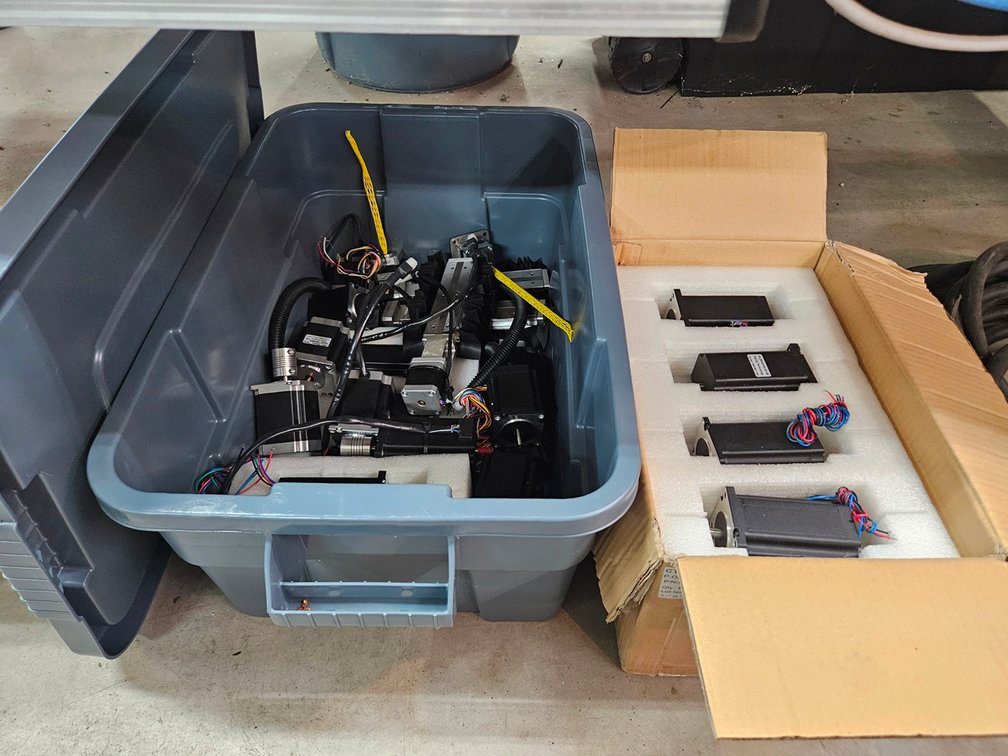 Bin and Box Assorted Electric Motors and Parts for CNC Tables