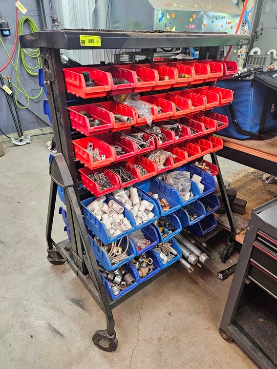 Tool Shop Parts Bin Cart 37"x28"x53" with Contents, Hardware, Fittings, Much More