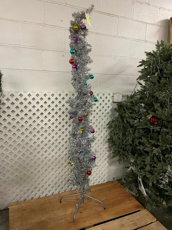 Artificial Tinsel Tree with Ornaments, Approx. 6'