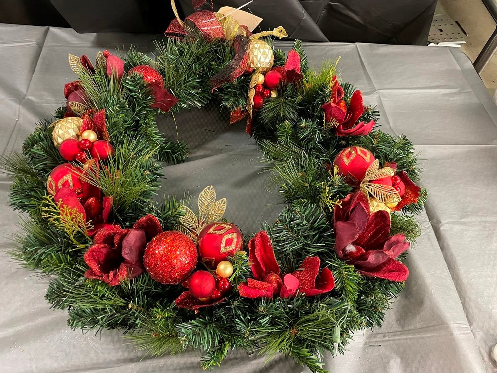 Large Artificial Wreath with Ribbon and Ornaments 24" diameter