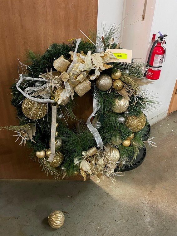 Large Artificial Wreath with Ribbon and Ornaments. 30" diameter