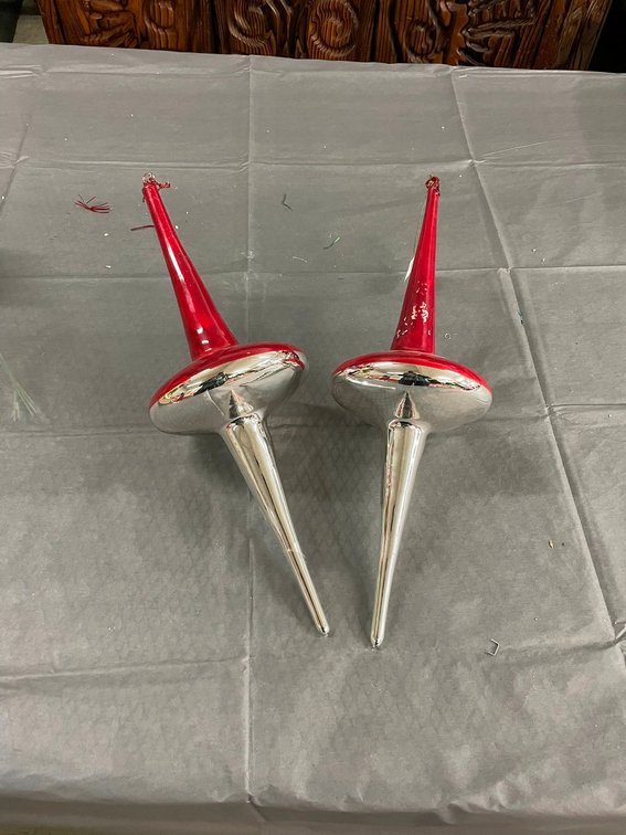 2 Silver and Red Holiday Ornaments. Glass. 18" tall