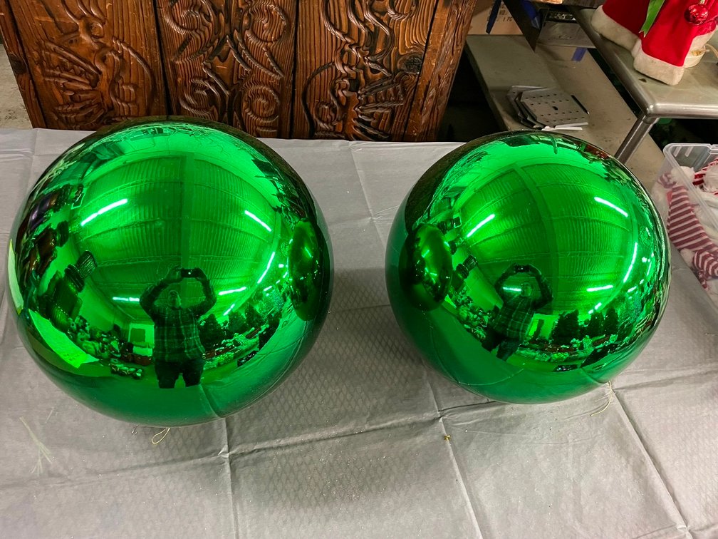 2 Huge Shiny Green Ornaments.  14" diameter