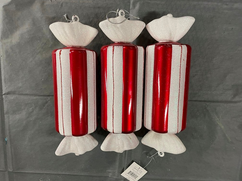 3 Wrapped Peppermint Style Ornaments 12" long