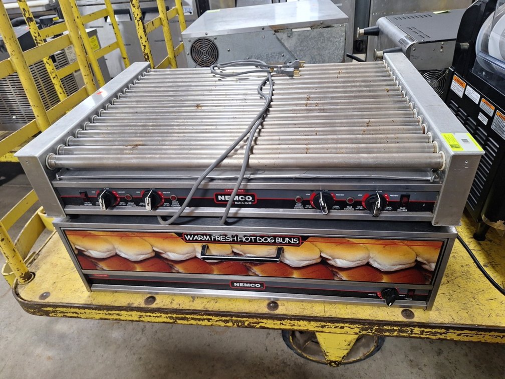 Nemco Roll-A-Grill Hot Dog Roller 35.5"x26"x7.25" with Nemco Hot Dog Bun Warmer 35.5"x27"x10.5"