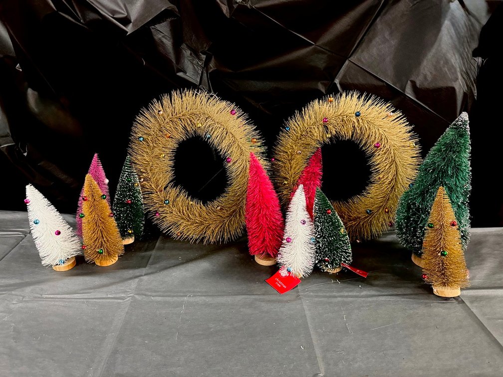 Assorted 14" Bottle Brush Wreathes (gold) and Trees