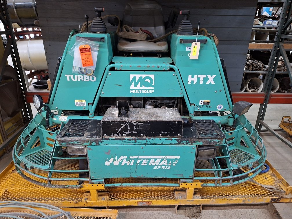 Multiquip Whiteman Ride-On Power Trowel, Turbo Diesel Engine, 289 Hours on Meter, Metal Pallet, Repair Tag with "Blade Motor Leaking, Seal Kit Attached"