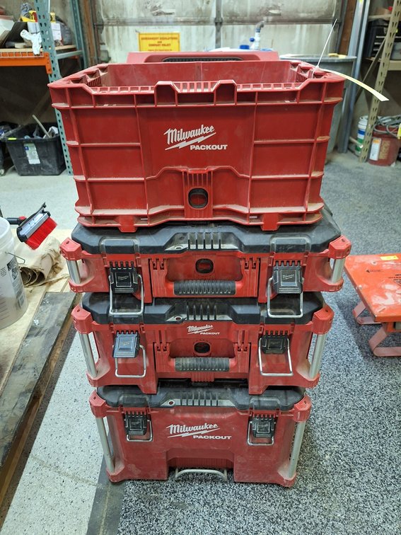 Milwaukee Packout Set, 4 Pieces on Wheels, 22"x18"x43" with Contents, Grinders, Multi Tool with Related