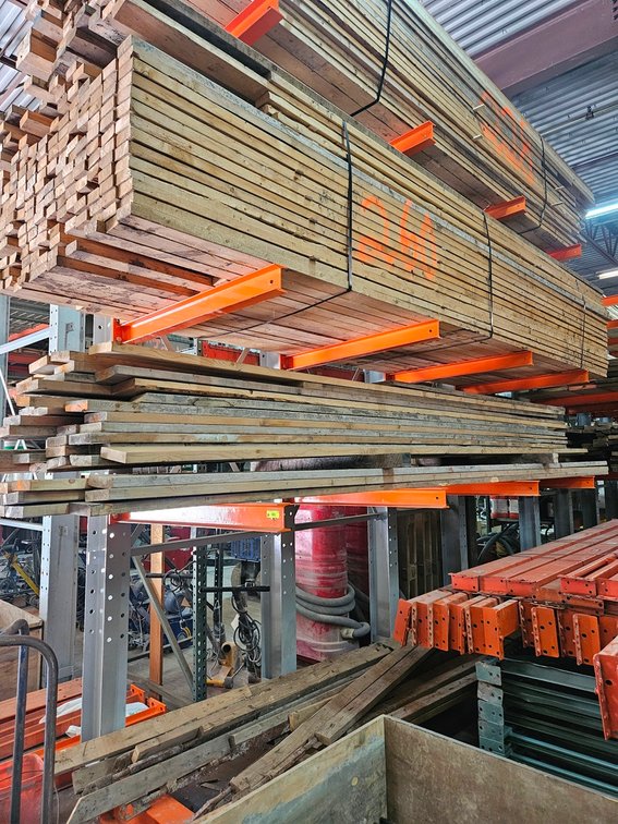 Cantilever Rack (1 Sided), 4 Upright Posts 12' Tall, 4 Base 4' Arms , 12 Upper 4' Arms, Will Be Disassembled