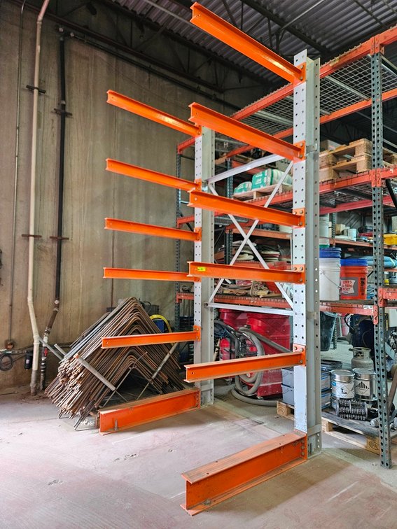 Cantilever Rack (1 Sided), 2 Upright Posts 12' Tall, 2 Base 4' Arms , 10 Upper 4' Arms, Will Be Disassembled