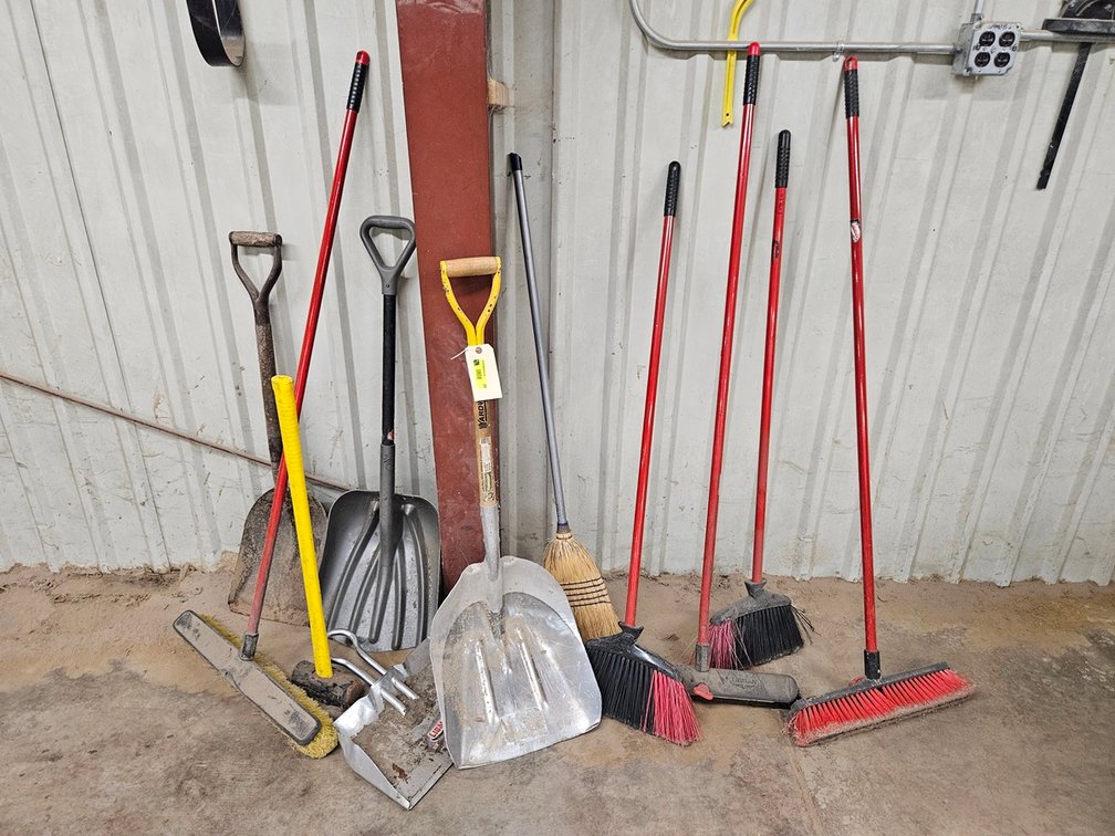 Assorted Brooms, Shovels, More