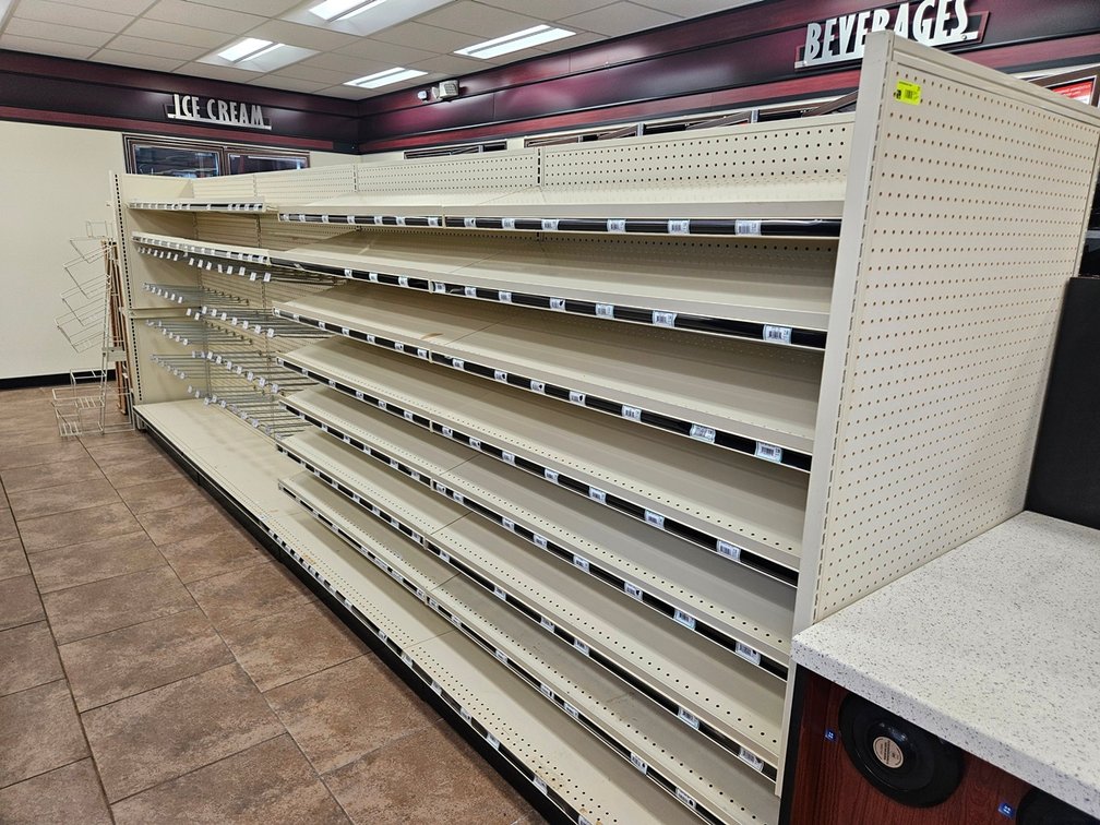 Lozier Gondola Shelving: 9 - 48" Double Sided Sections 66" Tall, 4 End Caps 36"x66", 2 - 48" Wall/Single Side Sections 72" Tall, Assorted Hooks, Shelves and Related