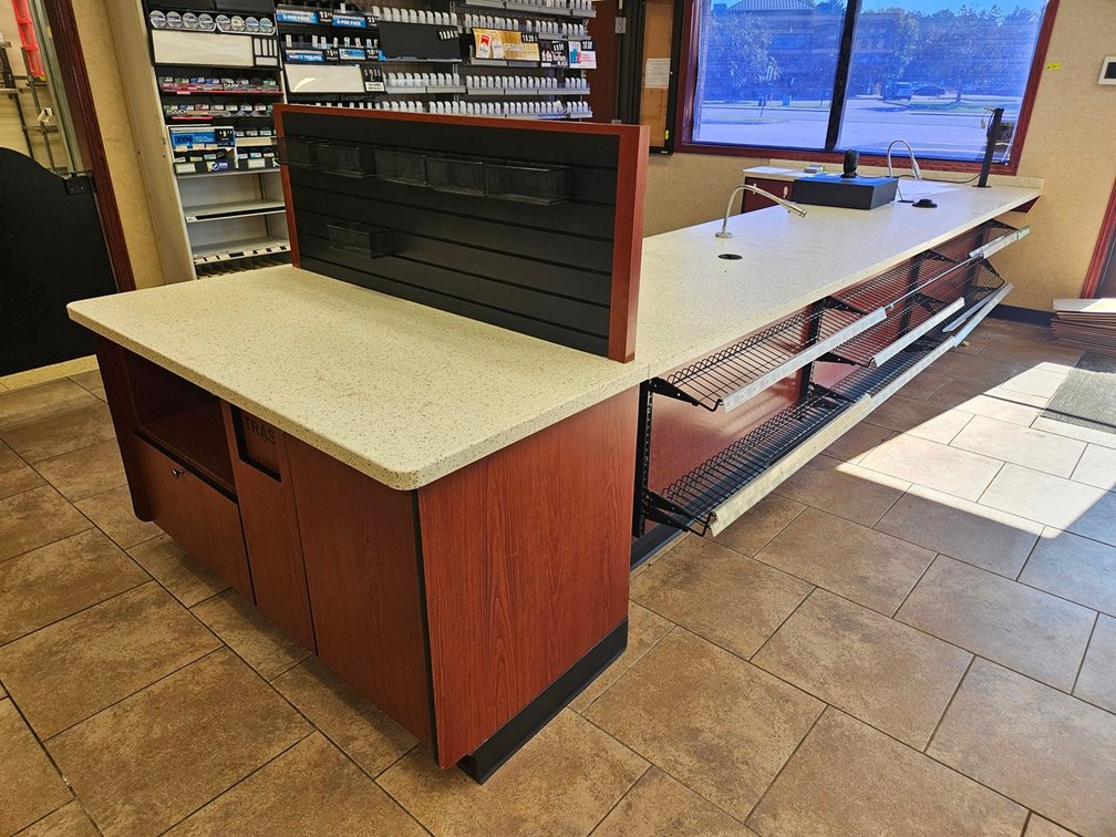 Retail Counter, Approx. 16.5'x3', Wire Racks, Mics