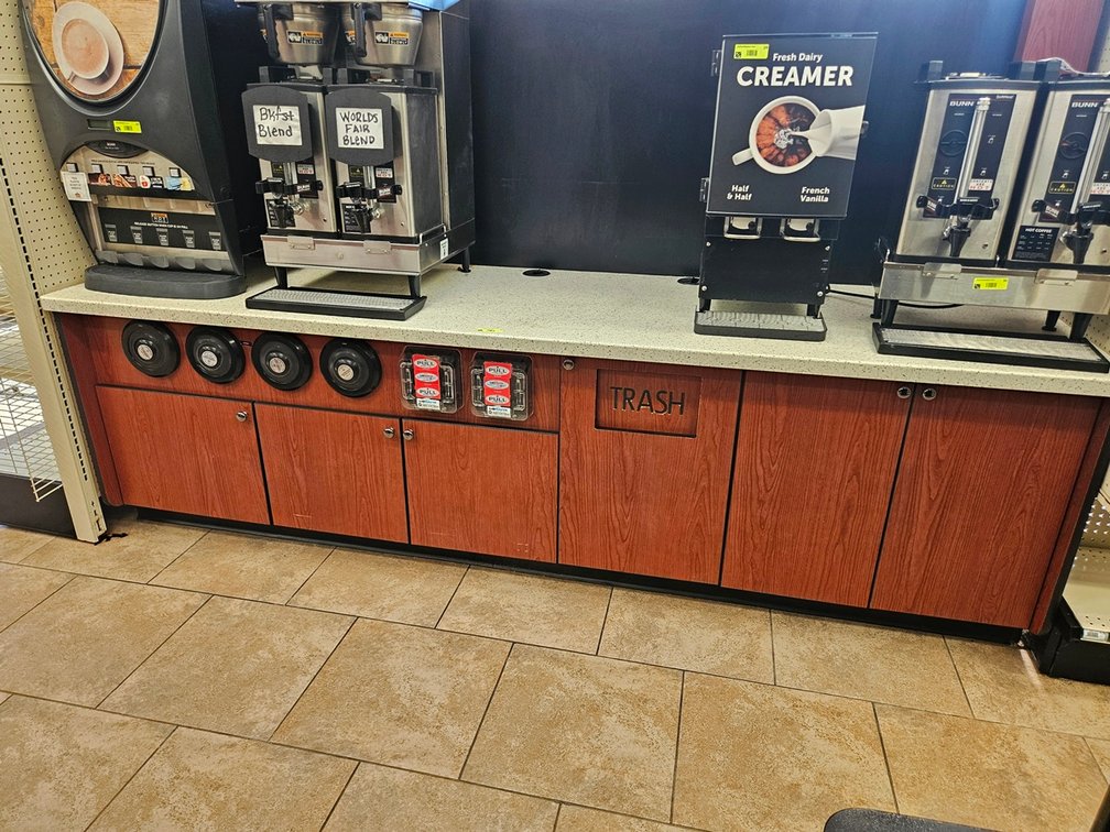 Retail Counter with Cup/Lid Dispensers, Trash and Storage, 108"x30"x32"