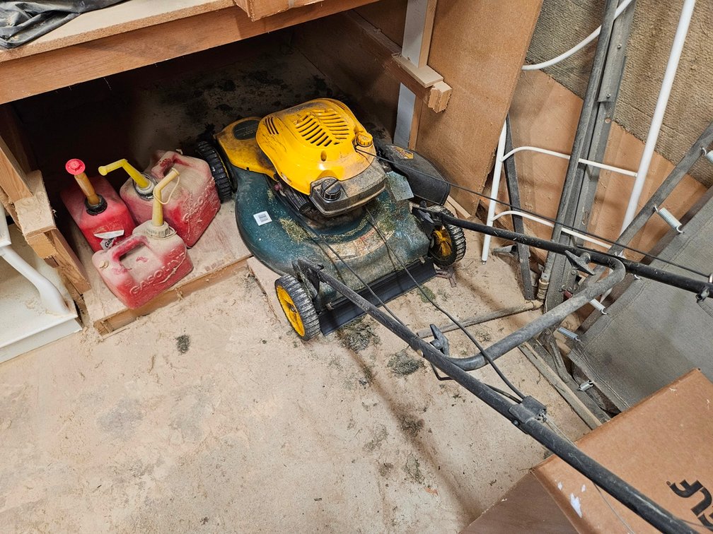 Yard-Man Lawn Mower, Assorted Gas Cans