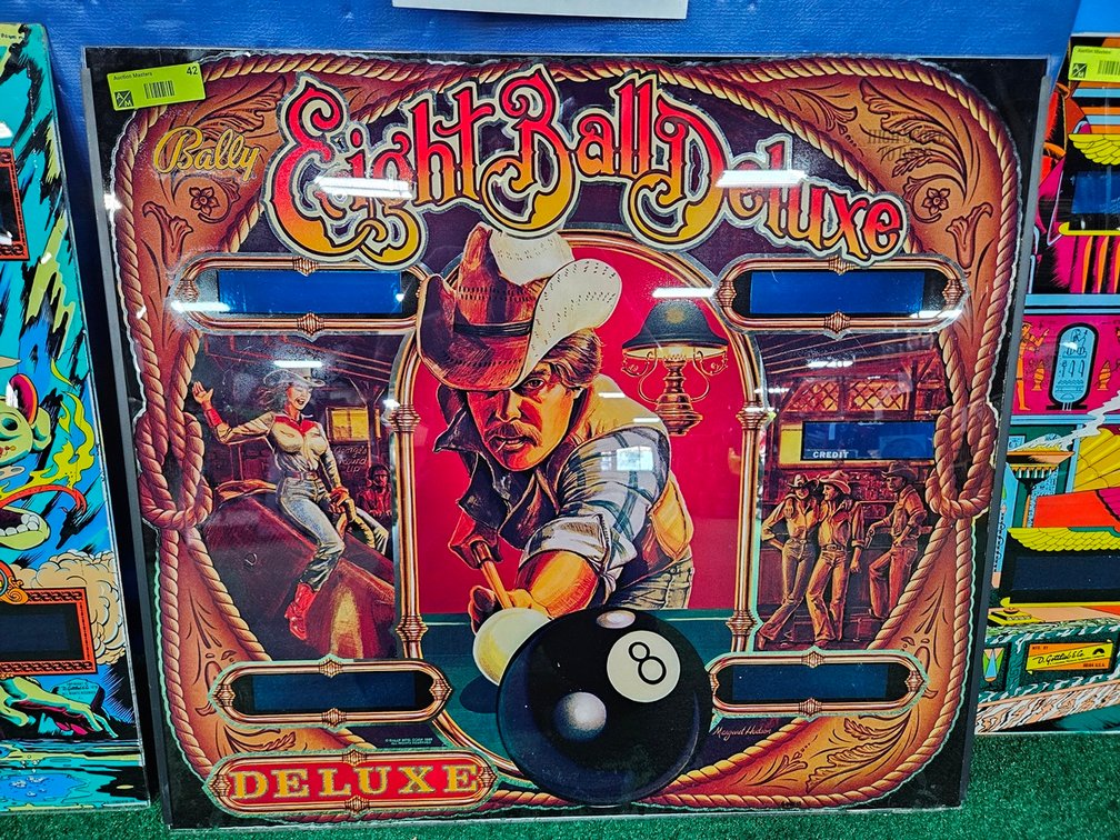 Bally Eight Ball Deluxe Pinball Back Glass, 28.5"x26"