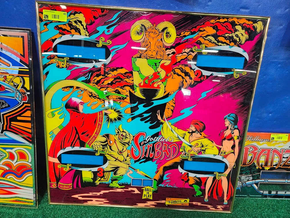 Gottlieb Sinbad Pinball Back Glass, Framed 26.5"x26.5"