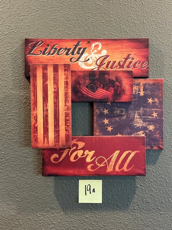 Liberty & Justice + Ridin' Ropin' + wood/metal star & horseshoe + Vintage Wrangler signs