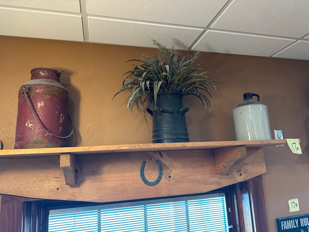 Shelf + tin + plant + jug  + Family Rules sign