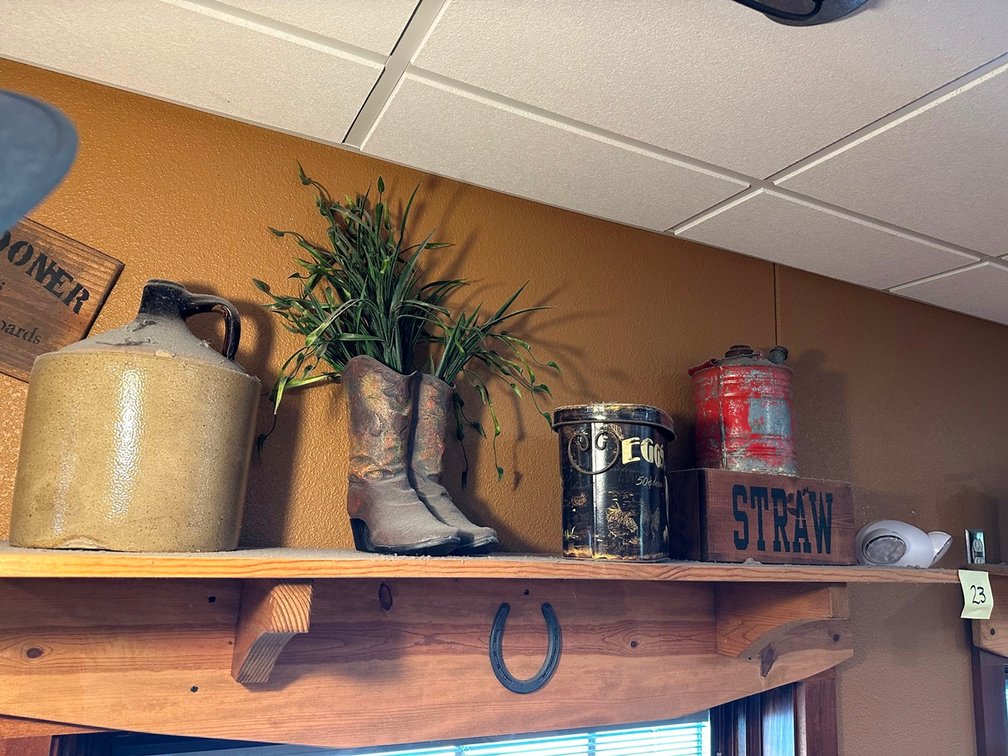 Shelf + jug + plant + eggs tin + straw + oil can