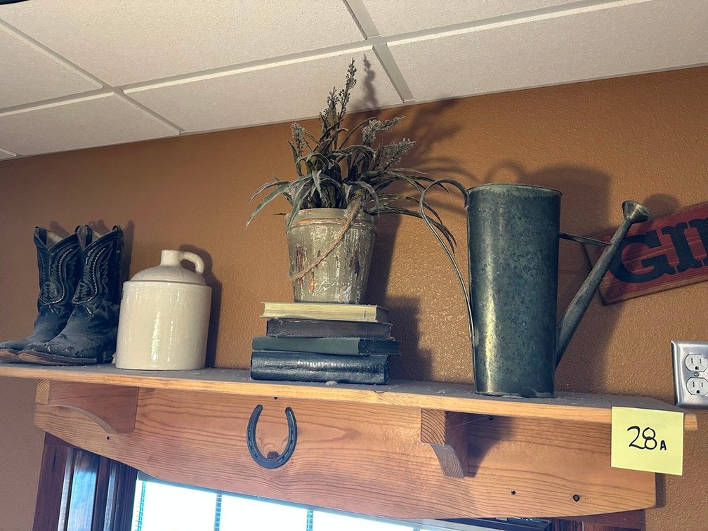Shelf +Boots + Crock + plant + pitcher + Giddy Up sign