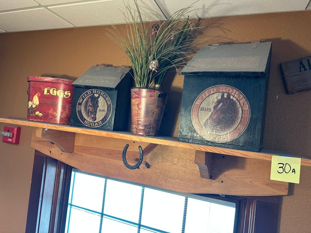 Shelf + Egg tin + 2 Wild Horses boxes + plant + Always Drink Upstream sign