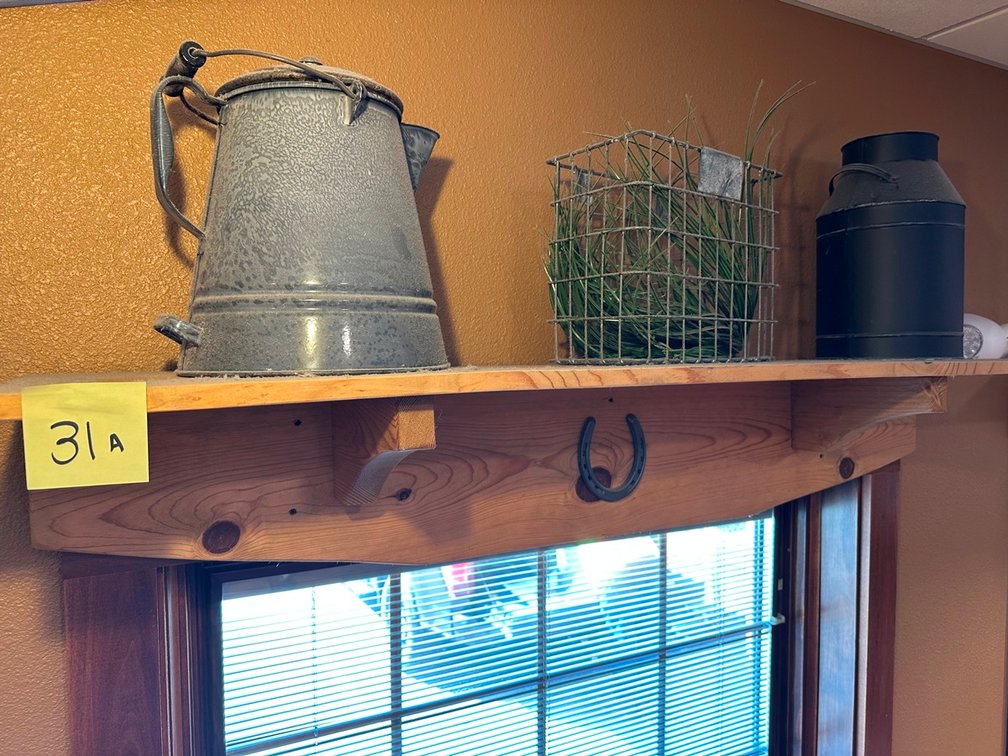 Shelf + tin coffee pot + metal crate + milk can + wooden star sign