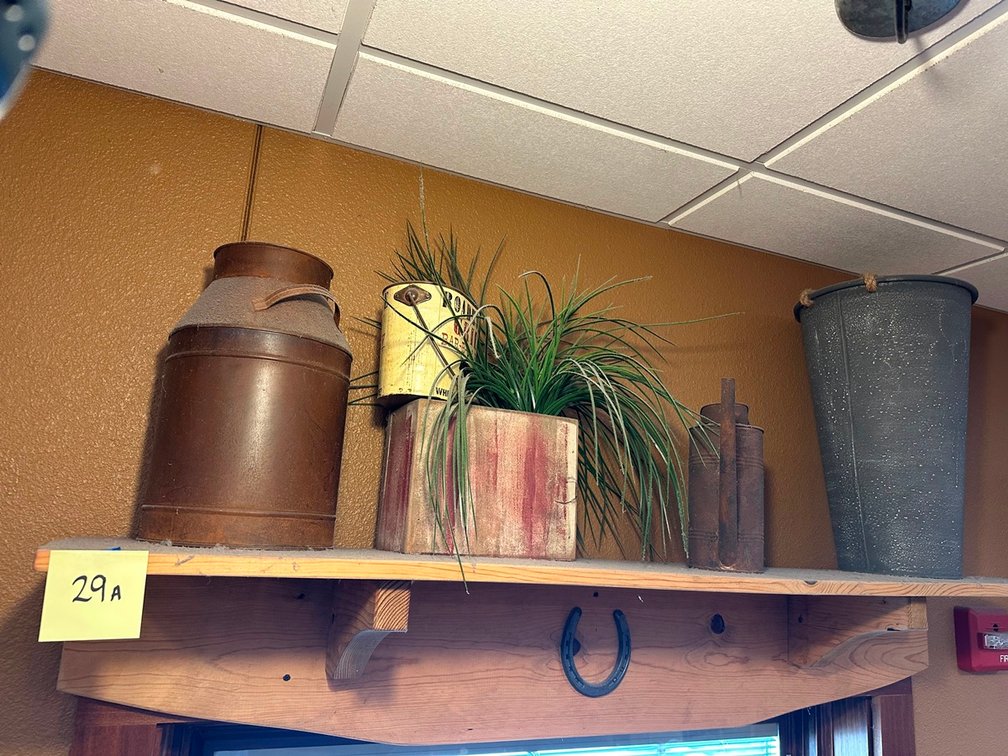 Shelf + Milk Can + Plant + Watering can + tall tin + RR Clock