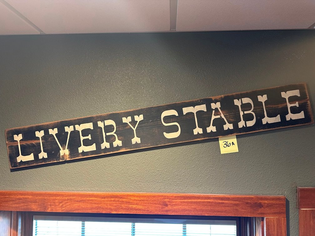 Livery Stable sign + hat + wooden pitchfork + clock