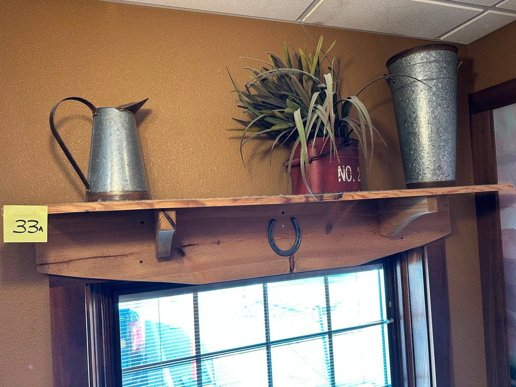 Shelf + Pitcher + Plant + tall metal container + Horses 4 sale sign